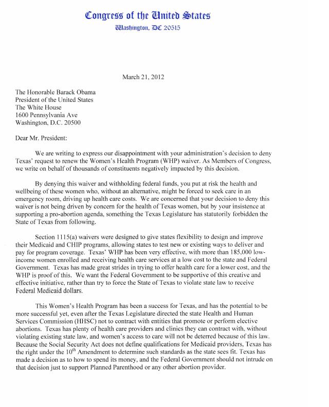 Letter to President Obama TX Womens Health Program U.S