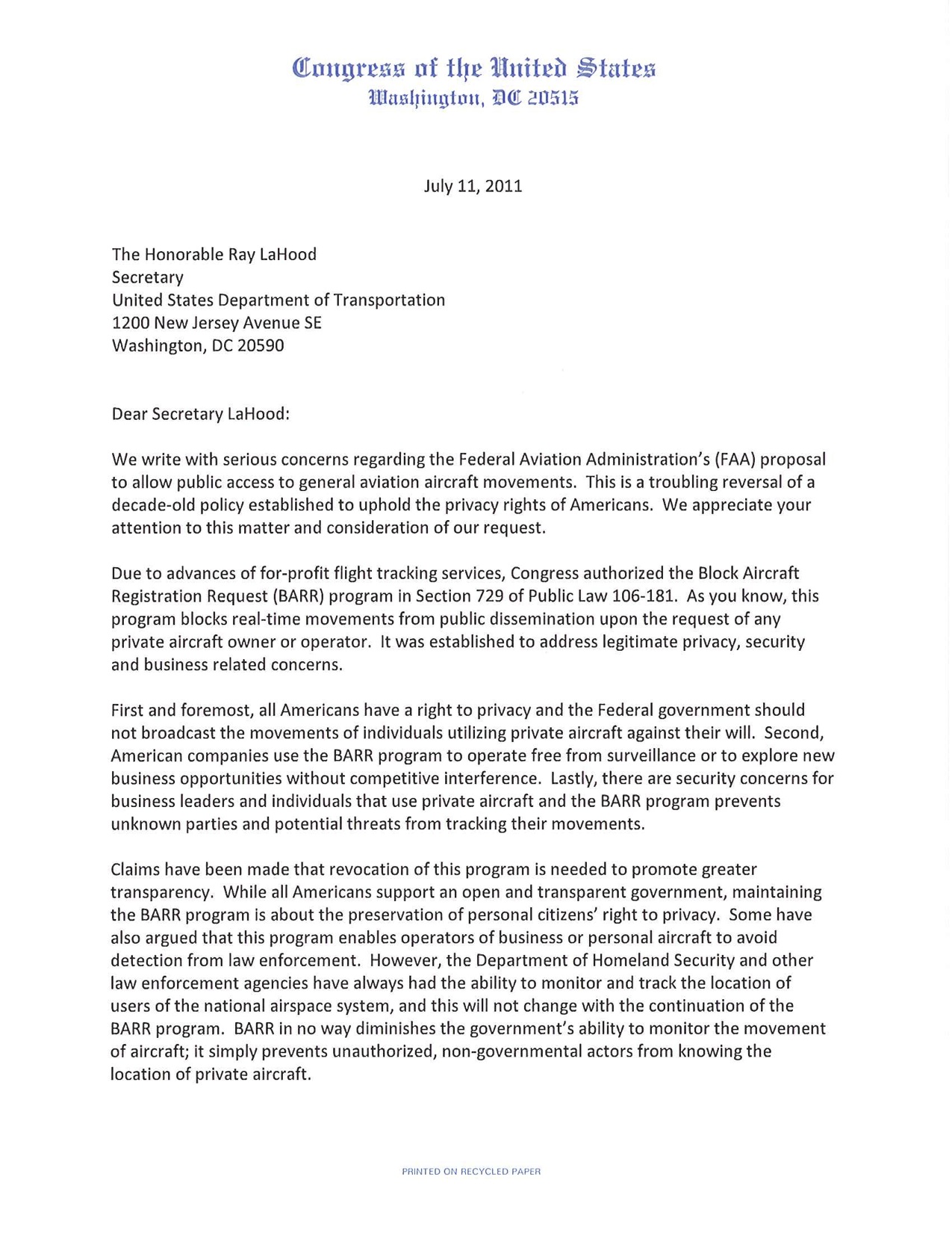 Letter to Secretary Ray LaHood, Department of Transportation