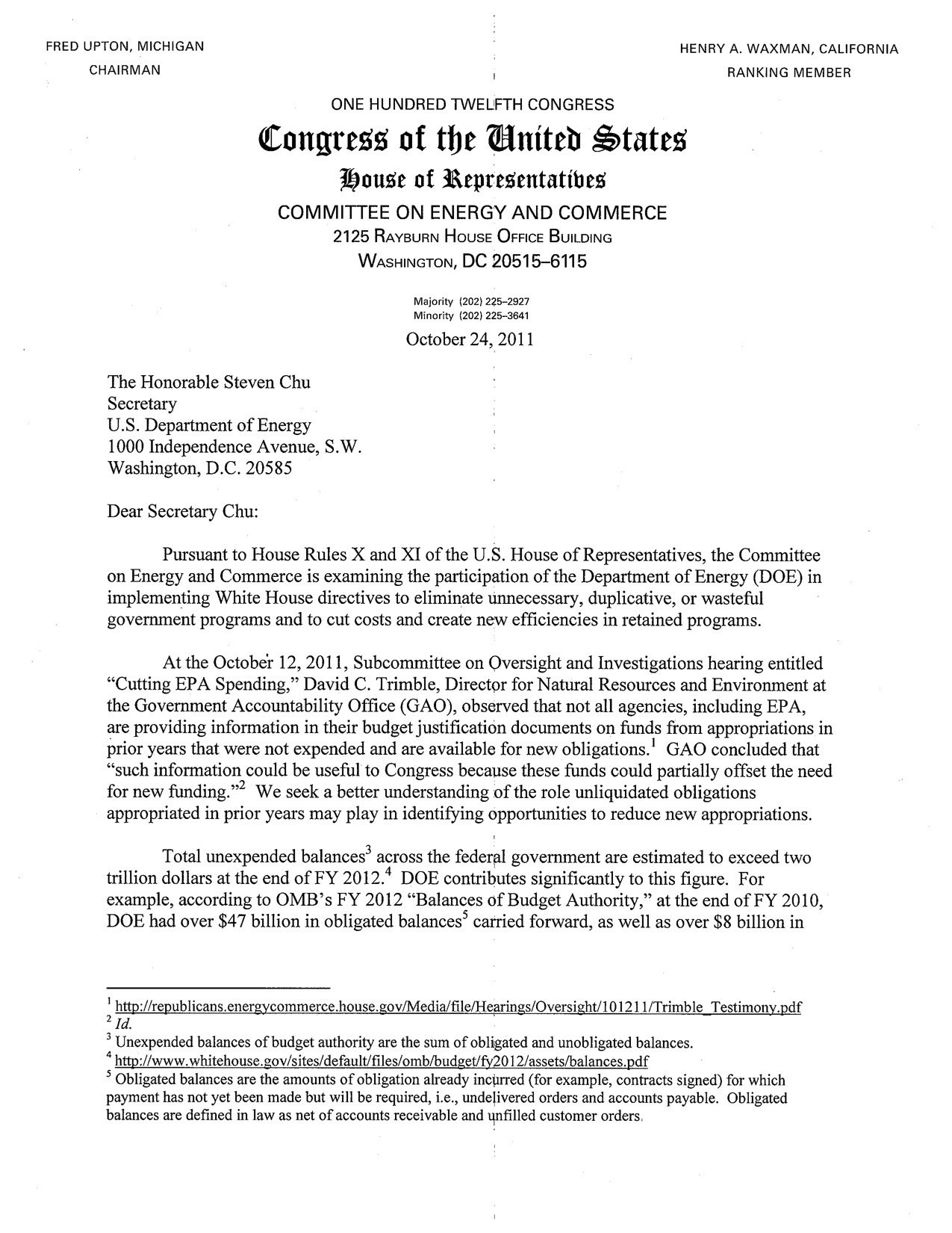 Letter to Secretary Steven Chu, U.S. Department of Energy  U.S.