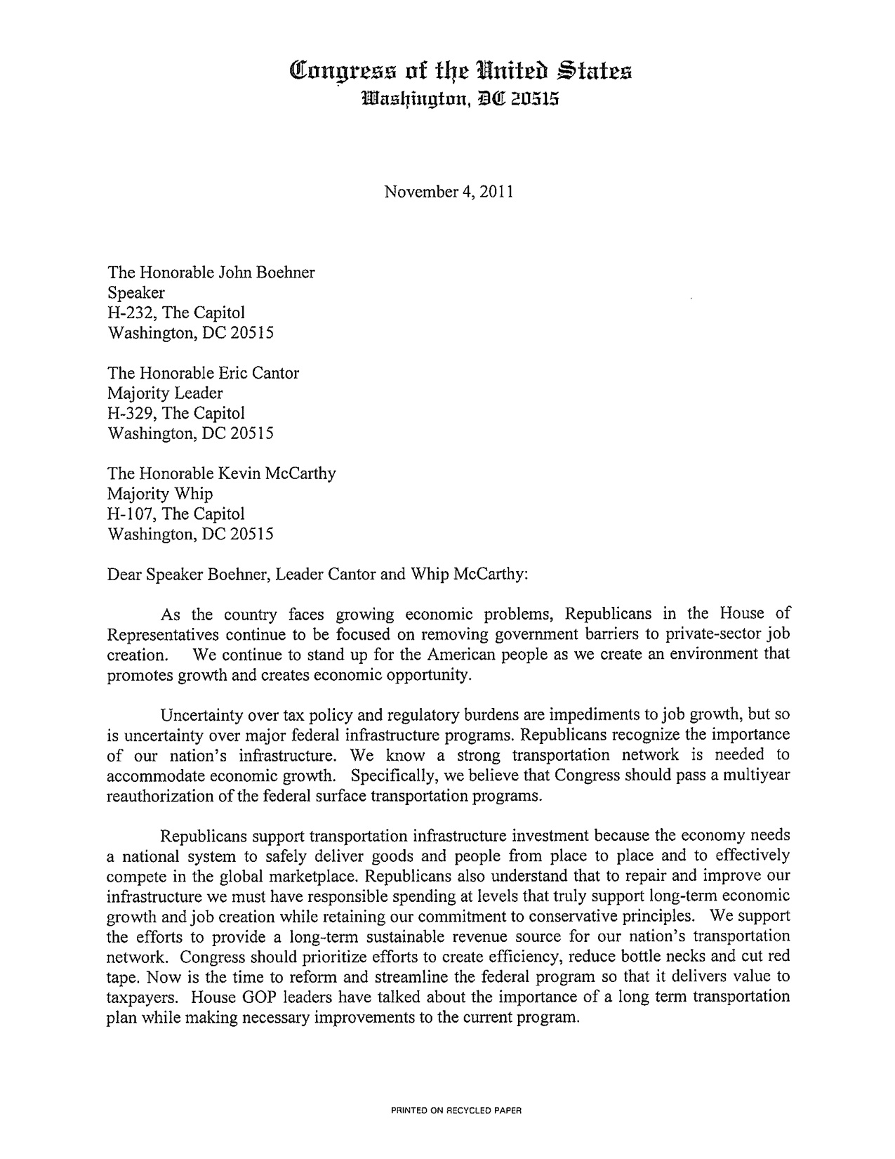 Letter to Speaker Boehner, Leader Cantor, and Whip McCarthy  U.S. Intended For Letter To Congressman Template